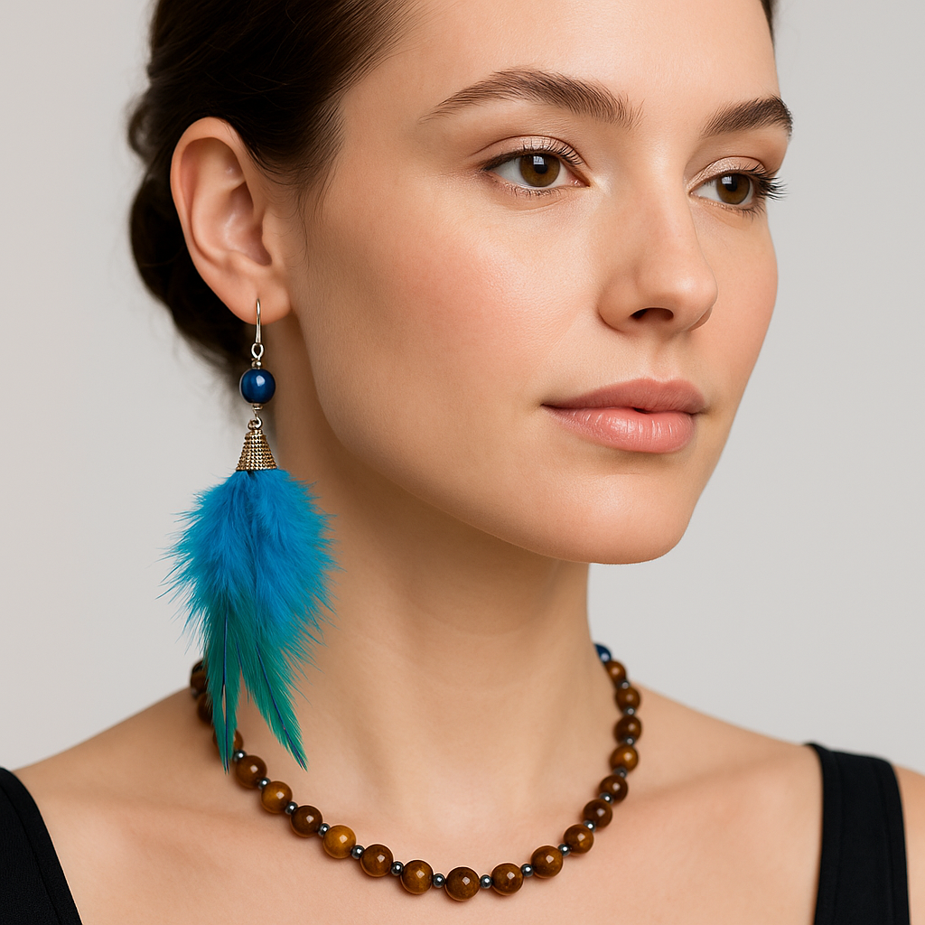 BOHO-Federohrhänger mit Tigerauge – Earrings – mit Silber (Tragebild)