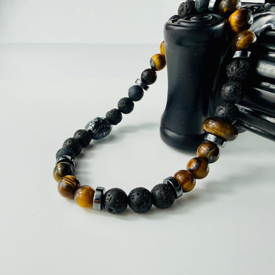 Elastisches Armband aus braunem Tigerauge und Lavasteinen kombiniert mit silbrigem Hämatit – Bracelets – mit Onyx, Silber (P…