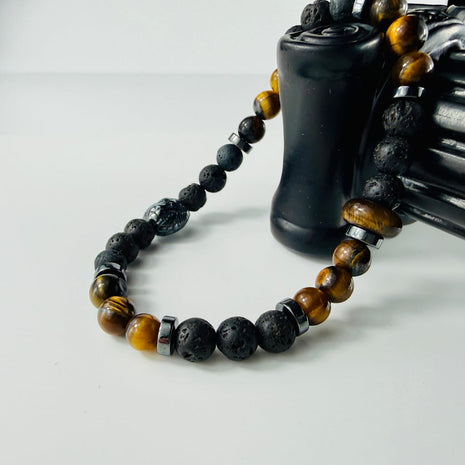 Elastisches Armband aus braunem Tigerauge und Lavasteinen kombiniert mit silbrigem Hämatit – Bracelets – mit Onyx, Silber (P…