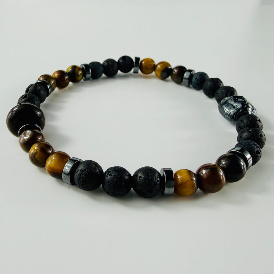 Elastisches Armband aus braunem Tigerauge und Lavasteinen kombiniert mit silbrigem Hämatit – Bracelets – mit Onyx, Silber (P…