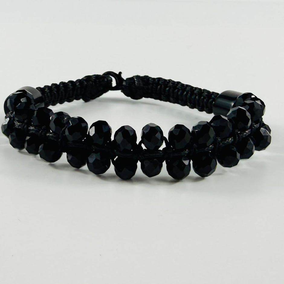 Elegantes zweireihiges Armband aus facettierten Glasperlen und Obsidian Edelstein-Elementen – Bracelets – mit Silber, Onyx (…