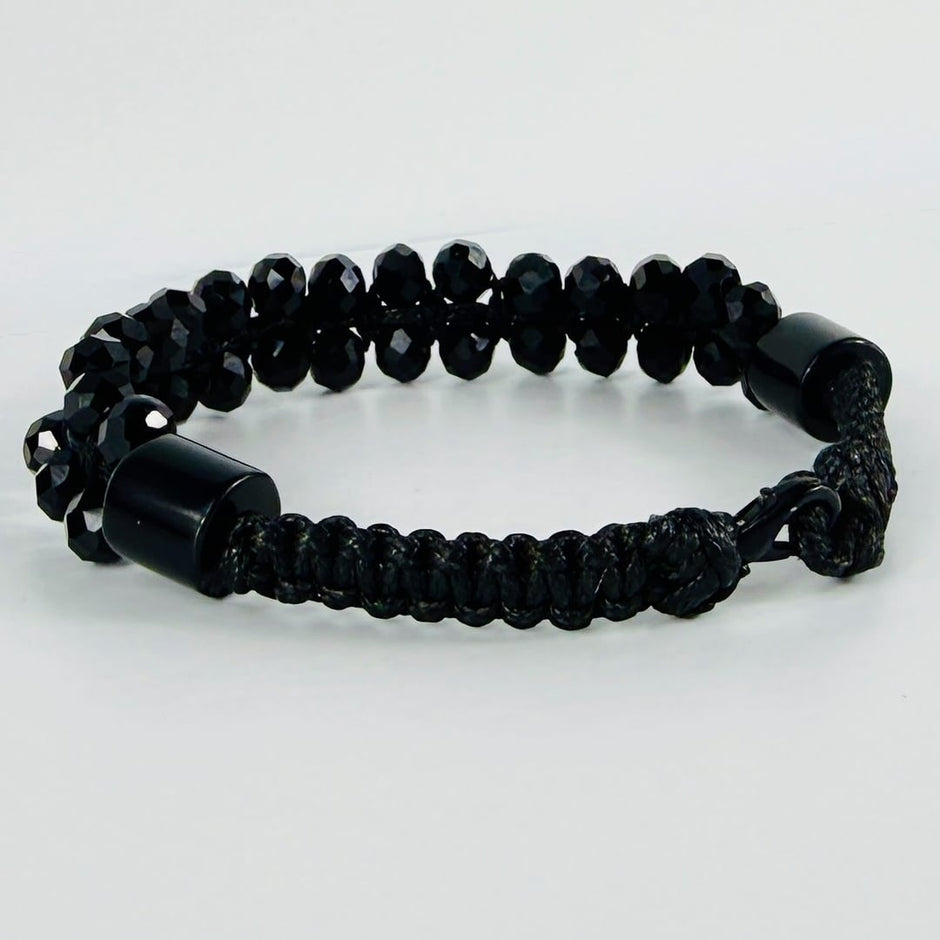 Elegantes zweireihiges Armband aus facettierten Glasperlen und Obsidian Edelstein-Elementen – Produktabbildung 5