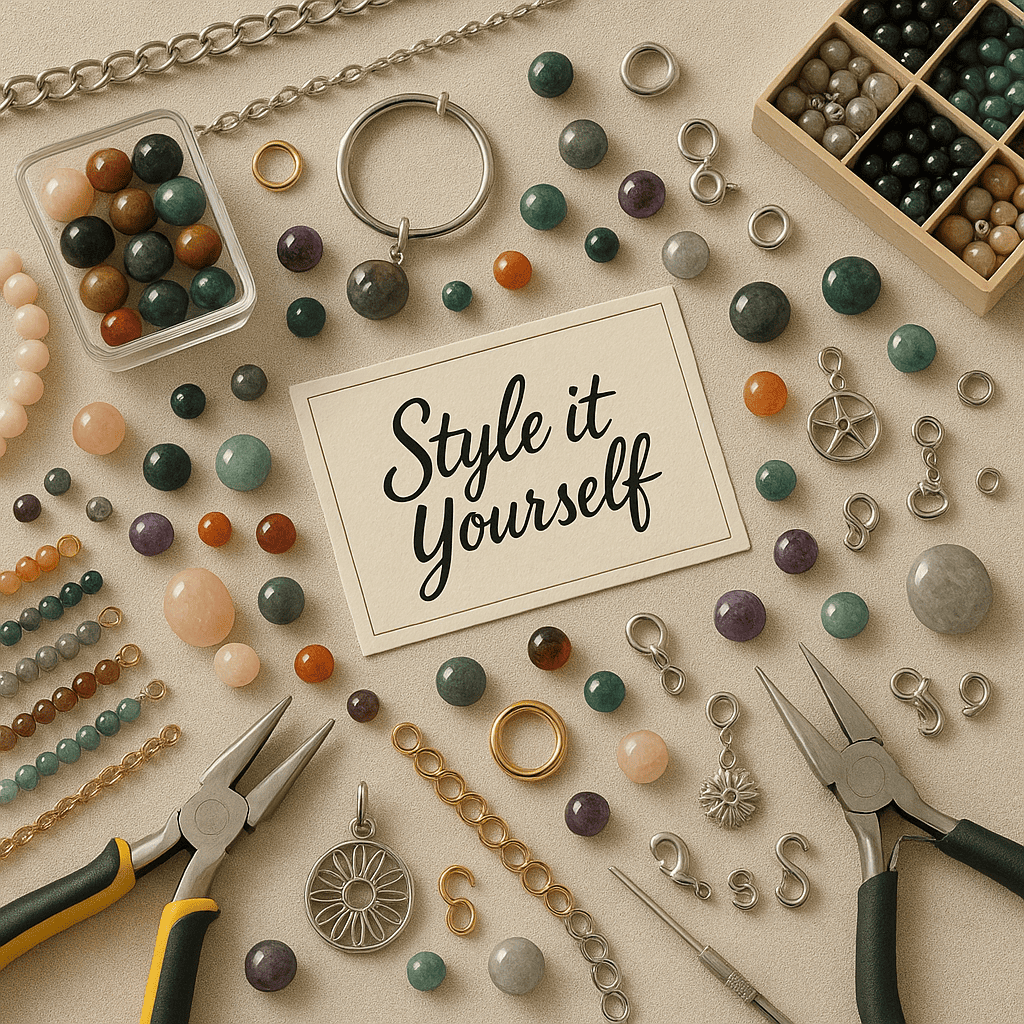 Flach gelegte Schmuckdesign-Szene mit bunten Edelsteinperlen, silbernen und goldenen Edelstahlelementen, Verschlüssen und Werkzeugen rund um eine Karte mit dem Schriftzug „Style it Yourself“ – kreative Inspiration für die individuelle Schmuckgestaltung.