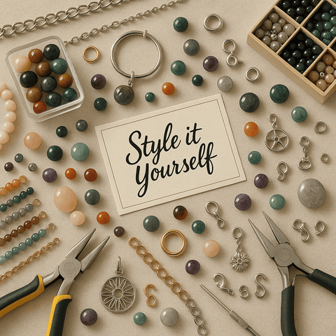 Flach gelegte Schmuckdesign-Szene mit bunten Edelsteinperlen, silbernen und goldenen Edelstahlelementen, Verschlüssen und Werkzeugen rund um eine Karte mit dem Schriftzug „Style it Yourself“ – kreative Inspiration für die individuelle Schmuckgestaltung.