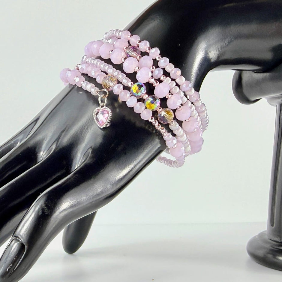 Spiralarmband mit rosa facettierten Glasperlen und Roccailles – Bracelets – mit Perle, Silber (Produktansicht)