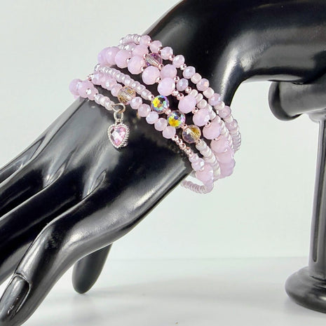 Spiralarmband mit rosa facettierten Glasperlen und Roccailles – Bracelets – mit Perle, Silber (Produktansicht)