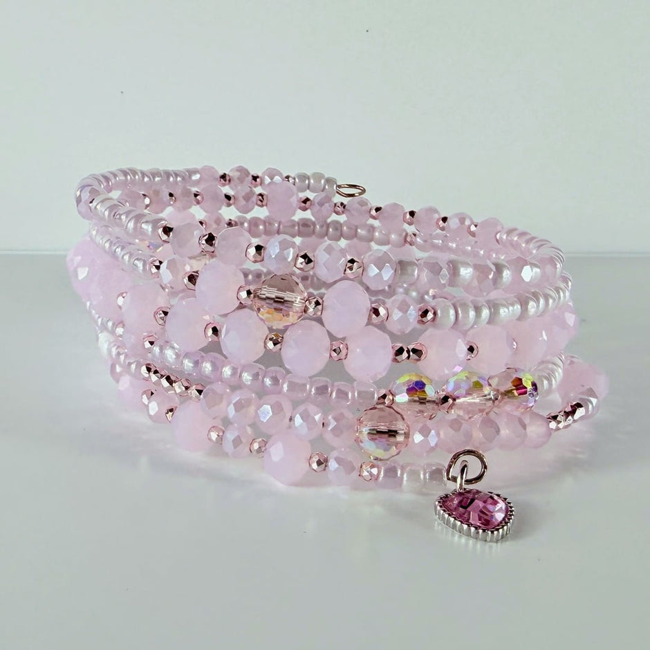 Spiralarmband mit rosa facettierten Glasperlen und Roccailles – Bracelets – mit Perle, Silber (Produktansicht)