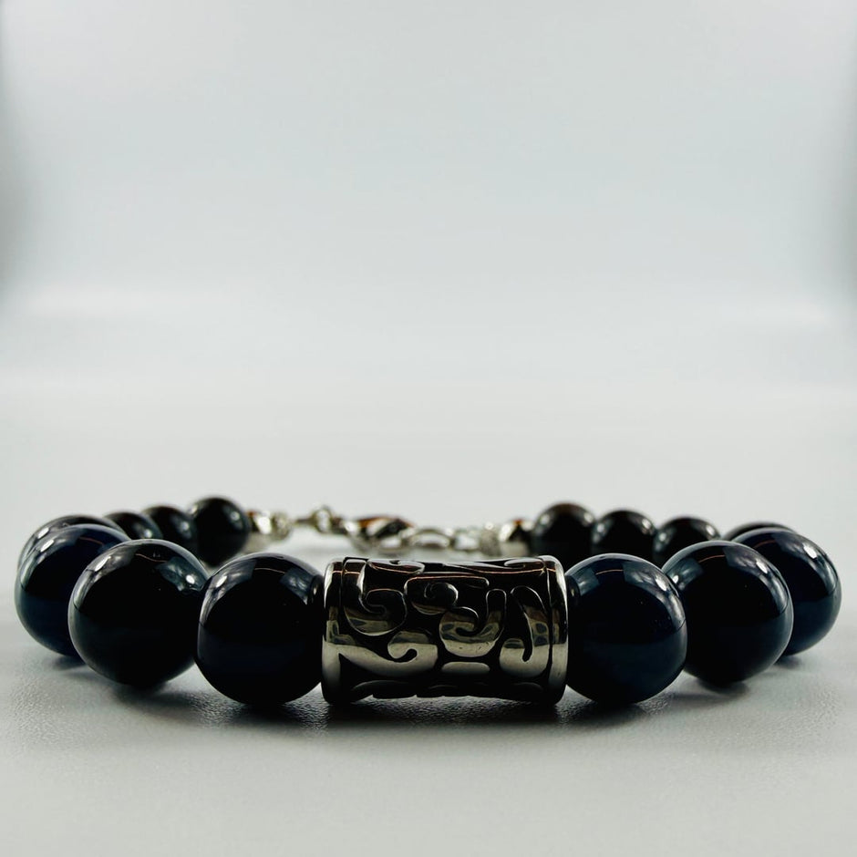 Tiefblaues Turmalin und Obsidian Armband mit stylischen Edelstahlelementen – Bracelets – mit Silber, Onyx (Produktansicht)