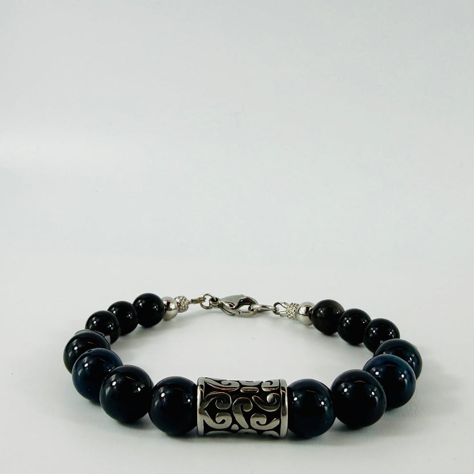 Tiefblaues Turmalin und Obsidian Armband mit stylischen Edelstahlelementen – Bracelets – mit Silber, Onyx (Produktansicht)