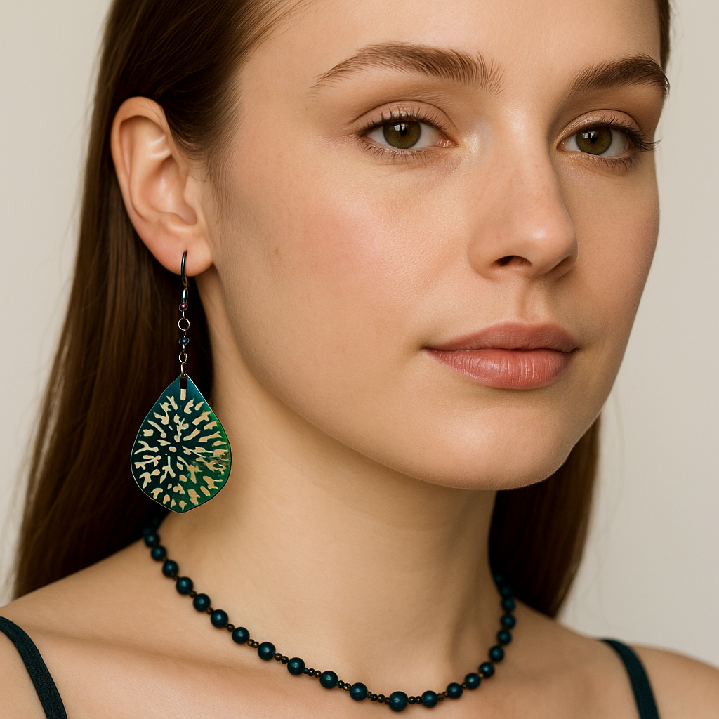 Tropfenförmige und in allen Farben schimmernde Edelstahl-Ohrhänger und kleinen Glasperlen – Earrings – mit Silber (Tragebild)